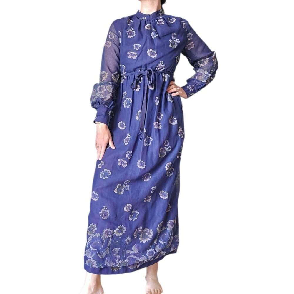 60s Babydoll Dark Blue Floral Maxi Hostess Dress Long Sheer Sleeves Belted‎ Sz 6
